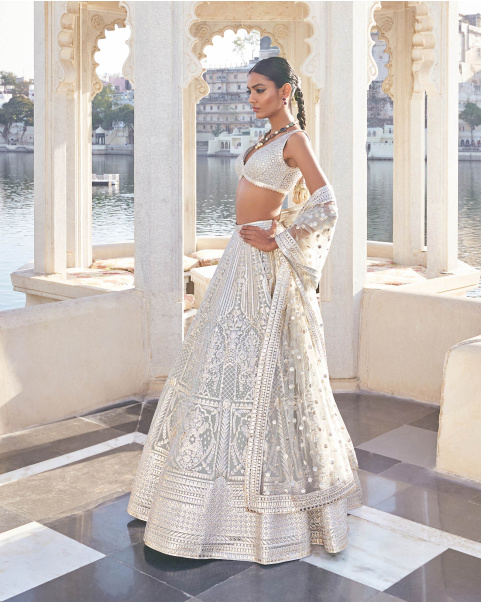 Ishya Chrome Applique Georgette Lehenga Set With Silver Metal Threads