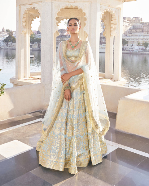 Havya Powder Blue-Based, Chrome Applique Georgette Lehenga Set