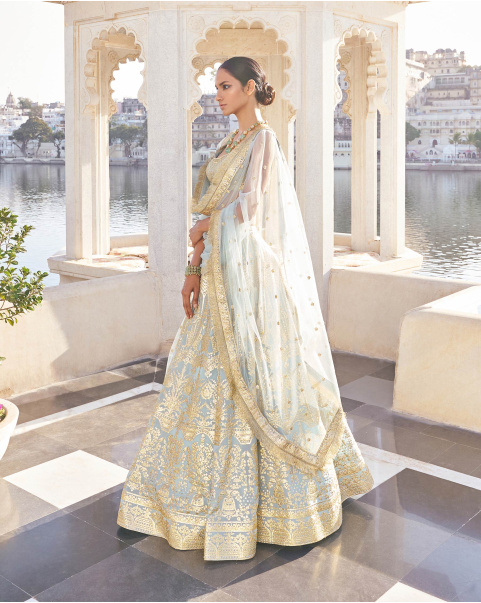 Havya Powder Blue-Based, Chrome Applique Georgette Lehenga Set