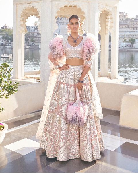 Gitali Peach Pink Chrome Applique Georgette Lehenga Set