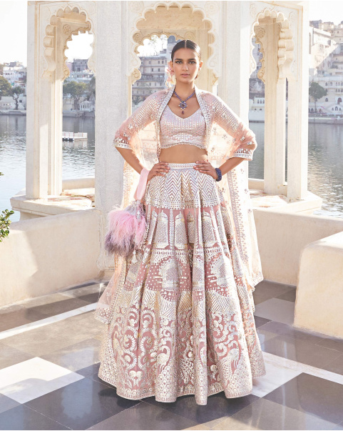 Gitali Peach Pink Chrome Applique Georgette Lehenga Set