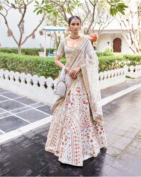 Eeshta Off-White Raw Silk Lehenga Set Embroidered With Multicolored Silk
