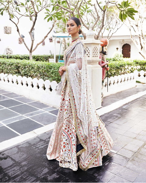 Eeshta Off-White Raw Silk Lehenga Set Embroidered With Multicolored Silk