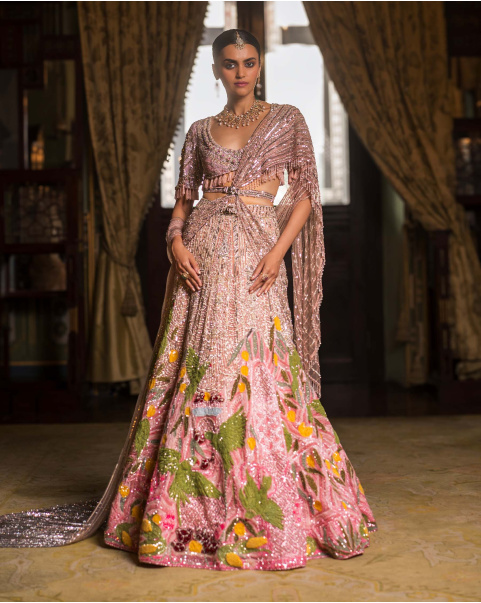 Martine Pink & Silver Lehenga Set With Bird And Garden Embroidery