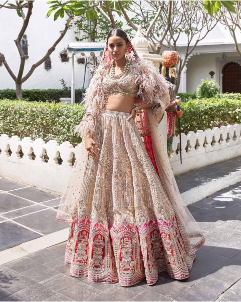 Kirti Beigeish Grey Tulle Lehenga Set With Pure Silk Red And Pink Border