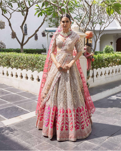 Kaveri Beigeish Grey Tulle Lehenga Set With Pure Silk Red And Pink Border