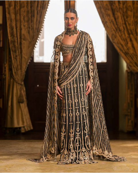 Marion Black Fitted Lehenga Set With Golden Embroidery & Mirrors