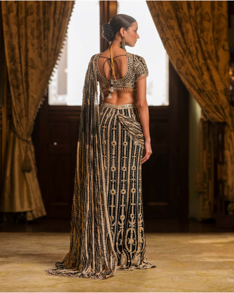 Marion Black Fitted Lehenga Set With Golden Embroidery & Mirrors