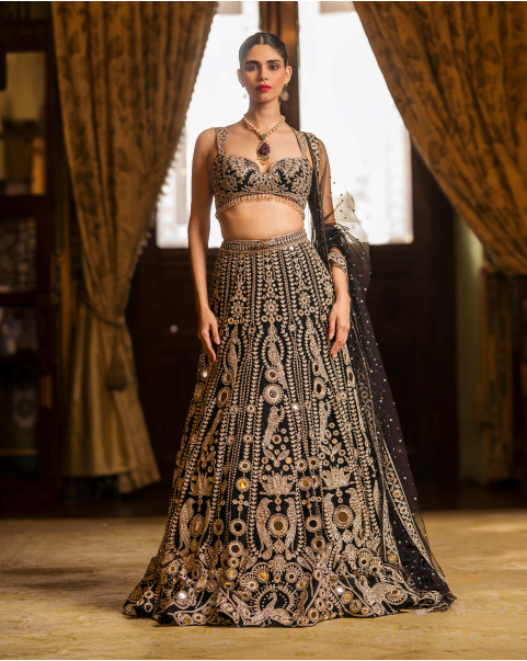 Leonie Black Lehenga Set With Parrot & Lotus Embroidery Work