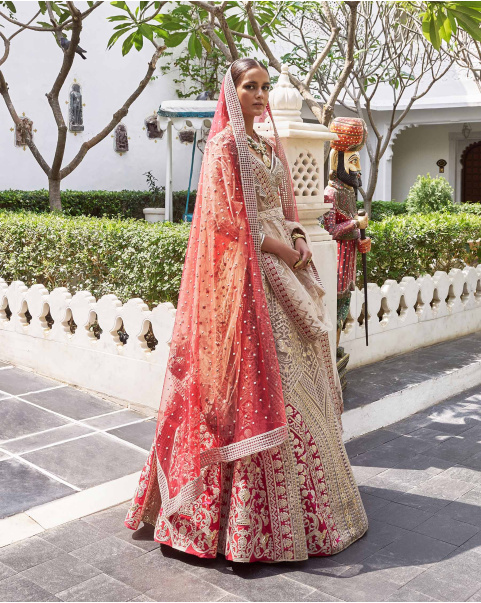 Kalika Beigeish Grey Tulle Lehenga Set With Pure Silk Red Border