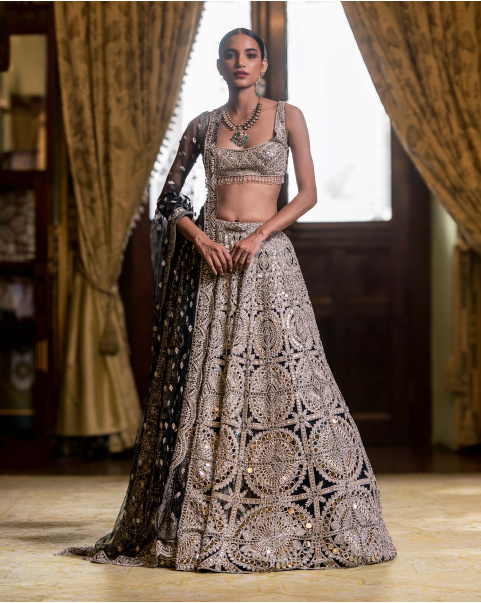 Laure Black Lehenga Set With Golden Embroidery & Mirror Work
