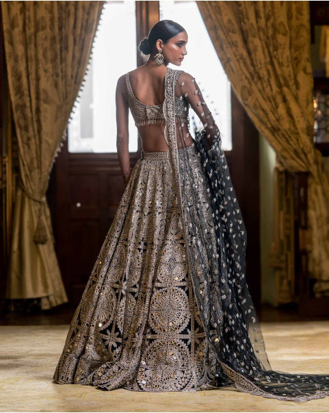 Laure Black Lehenga Set With Golden Embroidery & Mirror Work