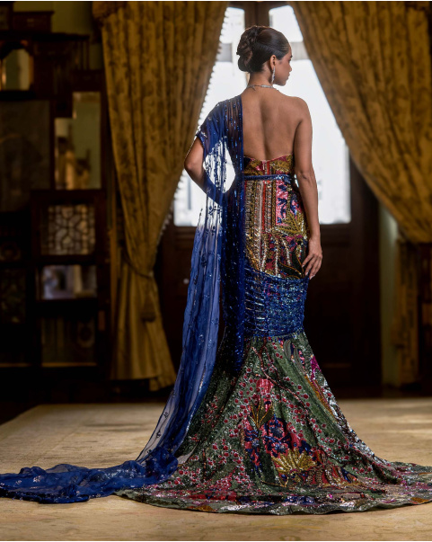 Eliane Multicoloured Fitted Off-Shoulder Gown