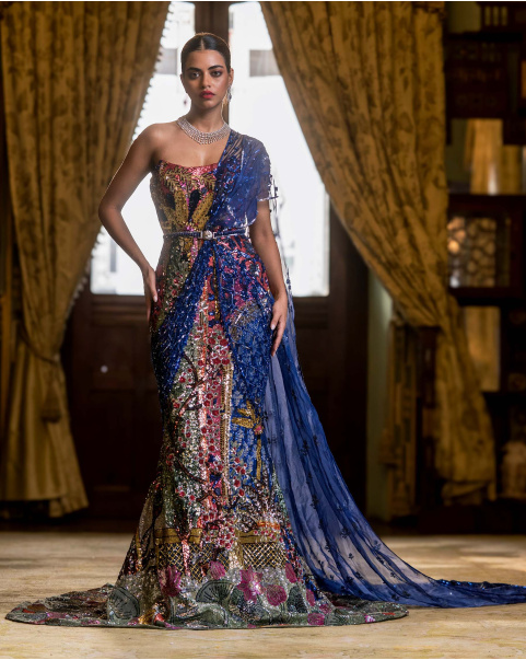 Eliane Multicoloured Fitted Off-Shoulder Gown