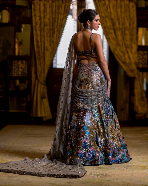 Anais Multicoloured Lehenga Set With Peacock Embroidery