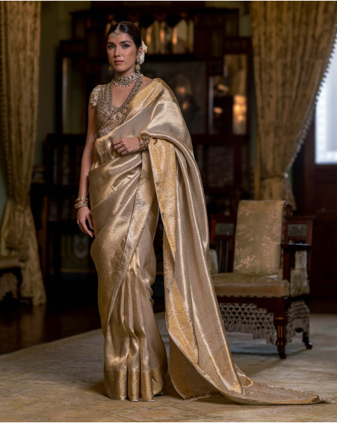 Nandini Pristine off-white and golden handloom Kanjivaram saree