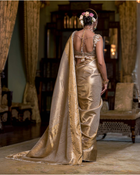 Nandini Pristine off-white and golden handloom Kanjivaram saree