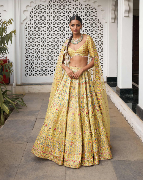 Lila Mustard Yellow Lehenga Set Embroidered With Multicolored Silk