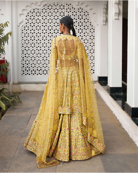 Lila Mustard Yellow Lehenga Set Embroidered With Multicolored Silk