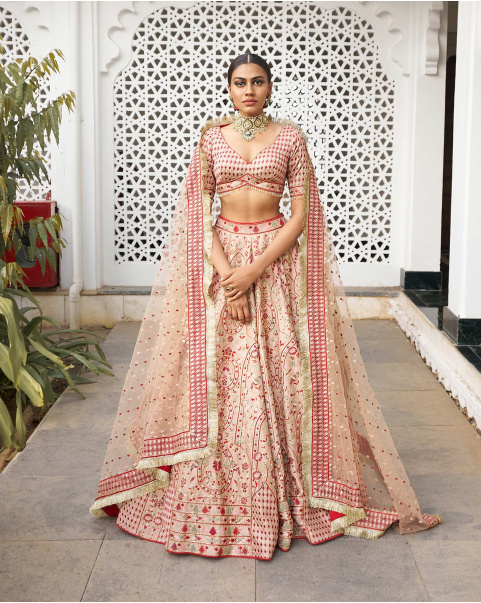 Leana Peach Lehenga Set Embroidered With Multicolored Silk Threads