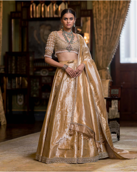 Zelie Golden Silk Lehenga Set With Elephant & Swan Motifs