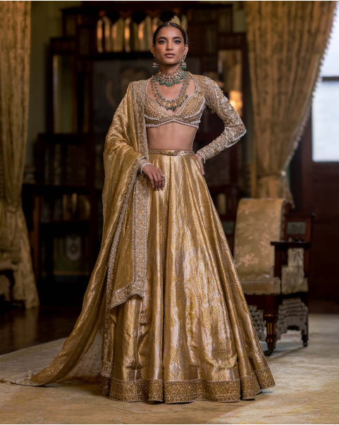 Eleanor Golden Banarasi Silk Lehenga Set With Animal Motifs