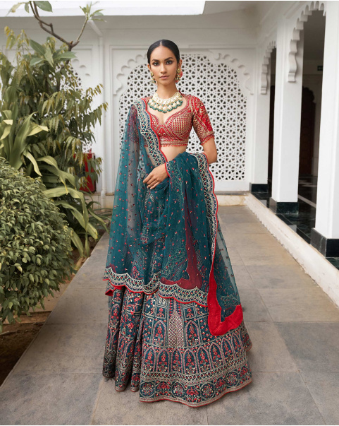 Lashya Bottle Green Lehenga Set Embroidered In Multicolored Silk Threads
