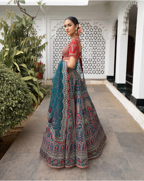 Lashya Bottle Green Lehenga Set Embroidered In Multicolored Silk Threads