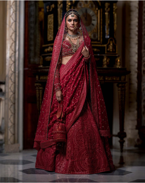 Apolline Pompeian Red Lehenga Set With Golden Regal Appliqué