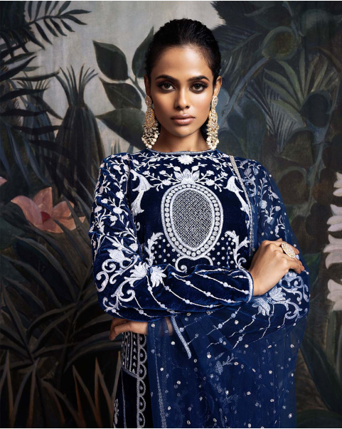 Royal Blue Silk Velvet Kurta Set with Pearl & Sequin Work