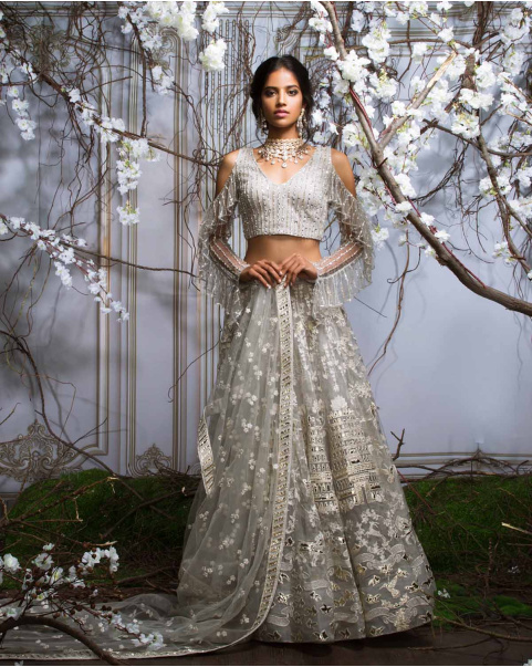 Cloud Gray Bridal Lehenga for Women - Falguni Shane Peacock