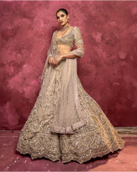 Lourdes Light Mauve-Based, Golden Lehenga Set With Traditional Motifs