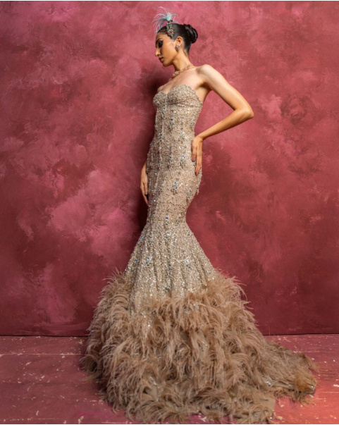 Yolanthe Beige Off-Shoulder Mermaid Gown