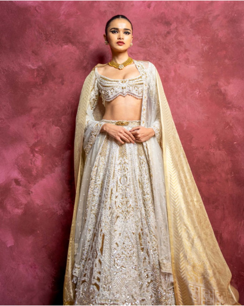 Romilly Gold-Based, Ivory Lehenga Set Embellished With Stones