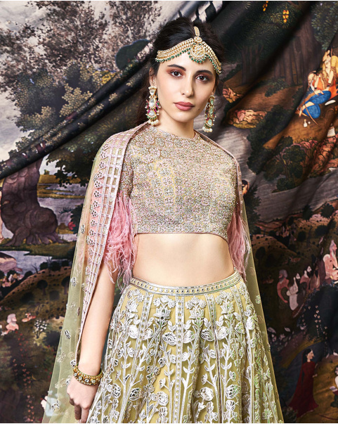 Gia Olive Green, Tulle Lehenga Set With Silk Threads