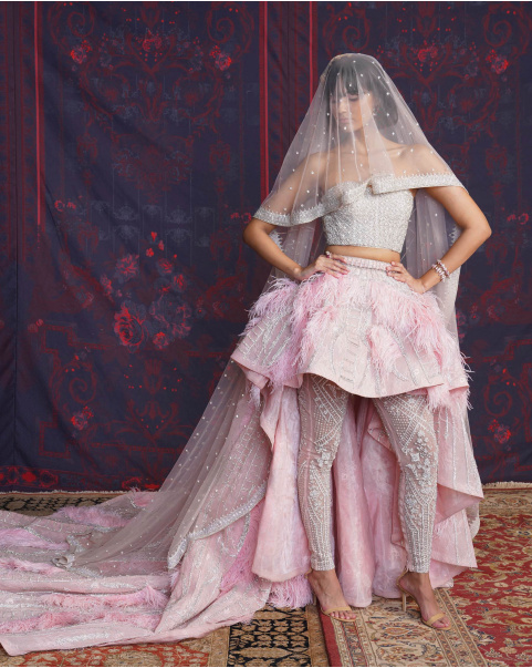 Esme Pink Asymmetrical Lehenga Set With An Off-Shoulder Corset