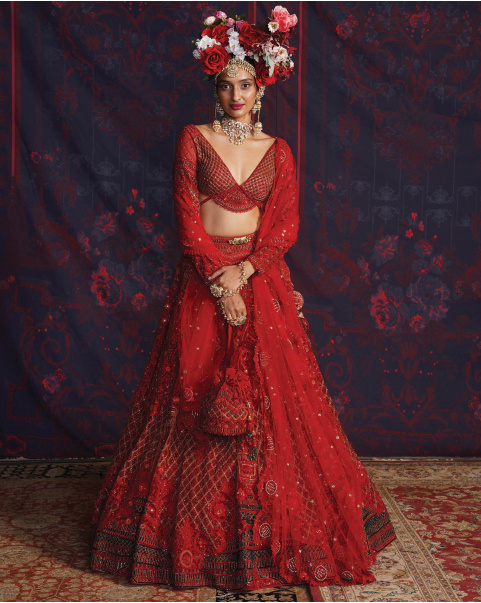Mavis Red Lehenga Set With A Fan-Panel Blouse And Dupatta