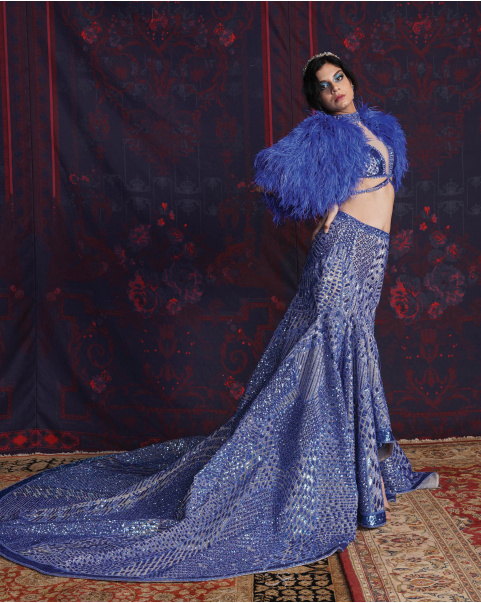 Mallory Beige-Based, Blue Lehenga Set With Feathered Shrug