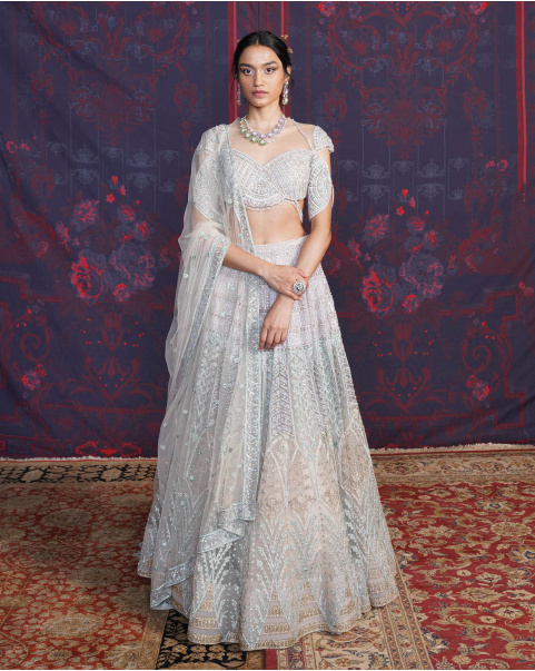Paige Beige-Based, Ivory Lehenga Set With A Half-Sleeves Blouse