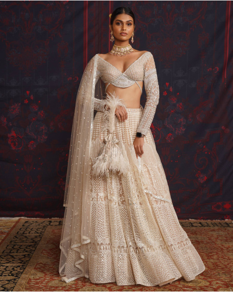 Neriah Light Beige-Based, Ivory Lehenga Set With A Fan-Panel Blouse