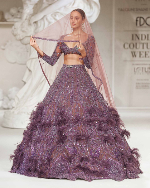Maia Lavender-Hued, Metallic Lehenga Set Styled With A Cropped Blouse