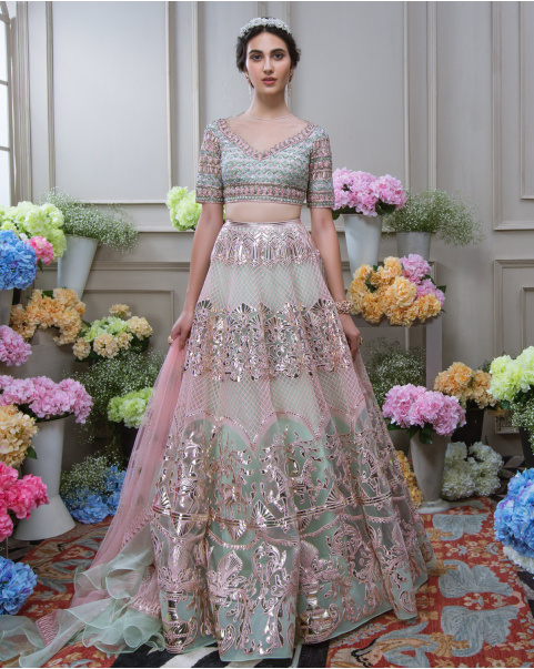Buy Designer Dust Pink and Silt Green Chrome Applique Lehengas - Falguni Shane Peacock