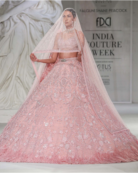 Kelly Lehenga Set Pastel Pink Foliage Motifs Feathered