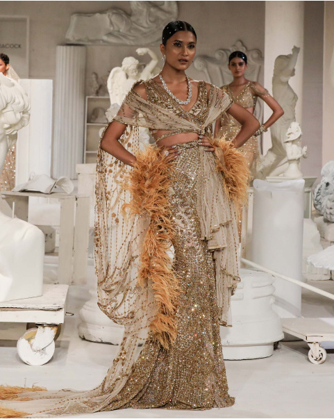Kristina Lehenga Set Light Beige Golden Mermaid Cut