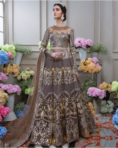 Buy Now Steeple Grey Chrome Applique Lehenga - Falguni Shane Peacock