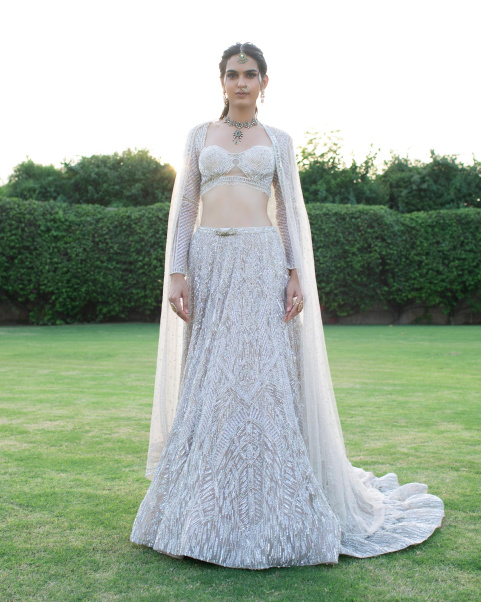 Ambre Light Beige-Based, Embroidered Trail Lehenga Set