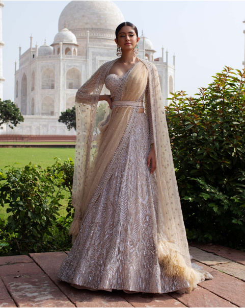 Aimee Light Beige Lehenga Set Handcrafted With Metal Threadwork