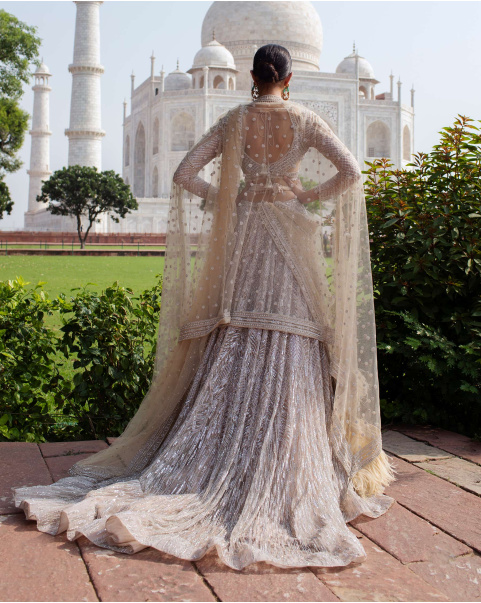 Aimee Light Beige Lehenga Set Handcrafted With Metal Threadwork