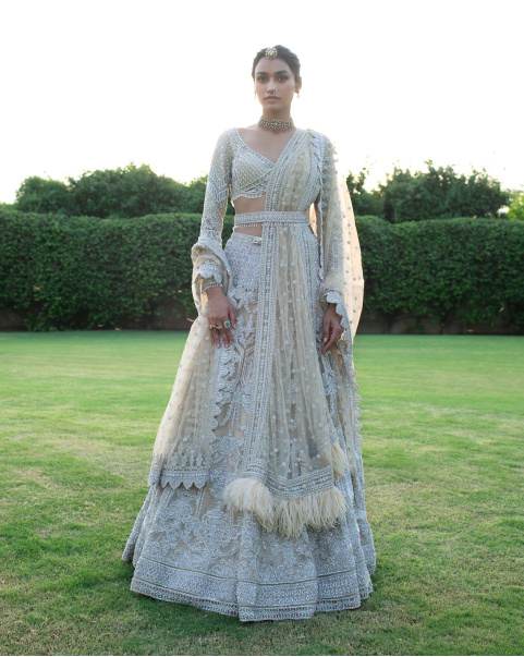 Lune Light Beige Lehenga Set Handcrafted With Silk Threadwork