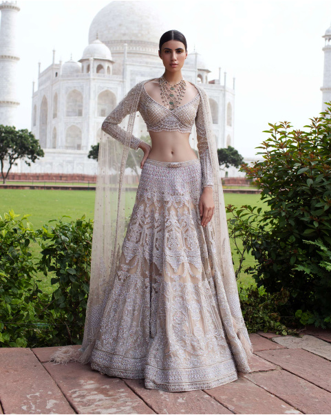 Elayne Beige Lehenga Set Handcrafted With Crystals